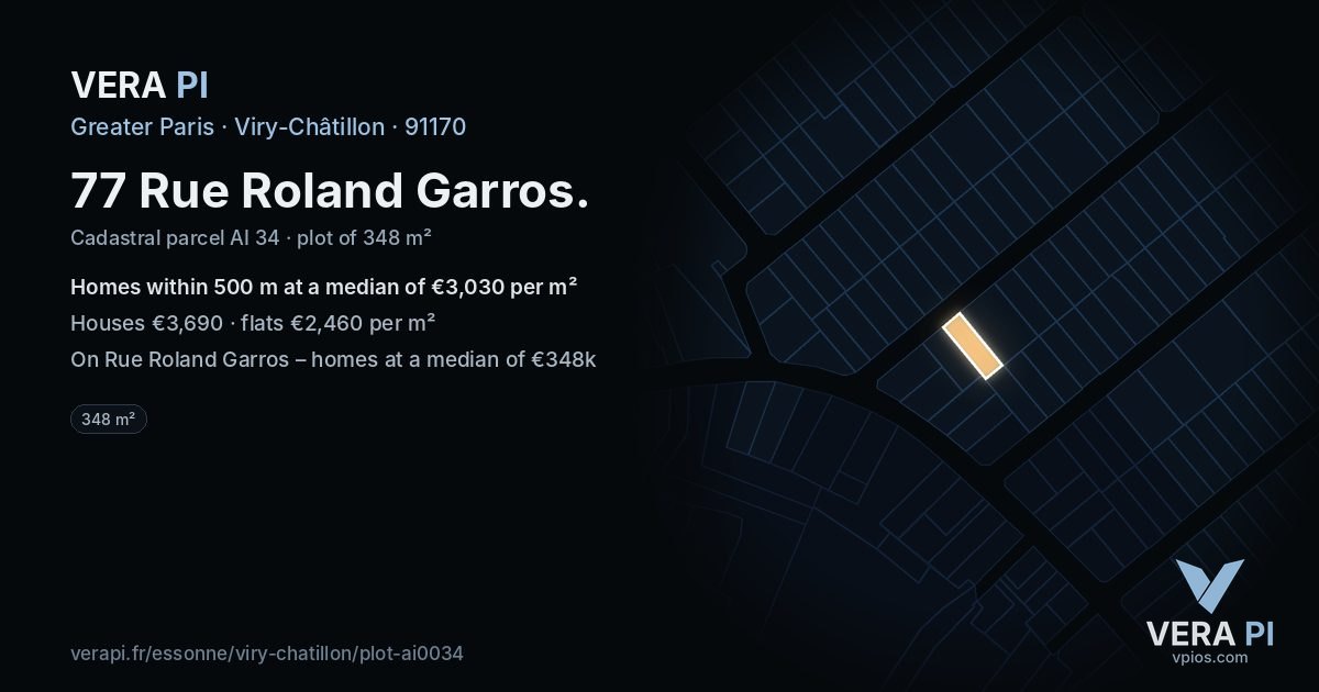 77 Rue Roland Garros, Viry-Châtillon at night – the plot lit, the parcels around coloured by the prices near them
