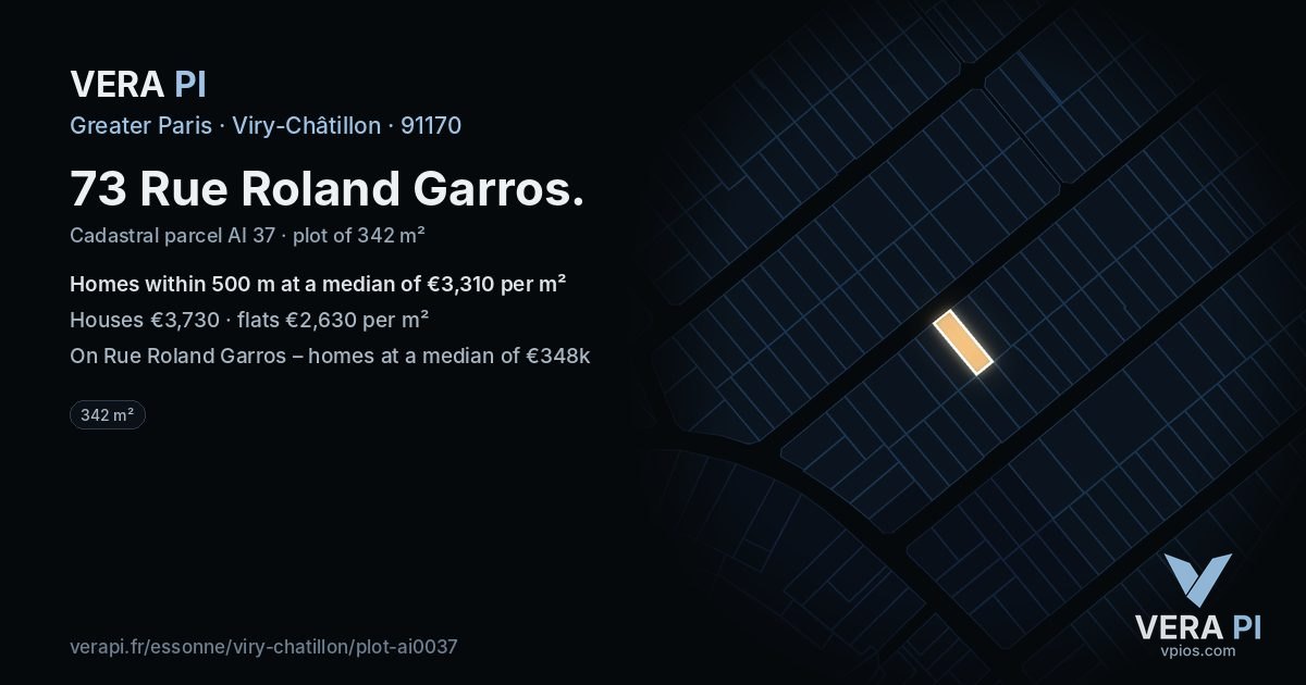 73 Rue Roland Garros, Viry-Châtillon at night – the plot lit, the parcels around coloured by the prices near them