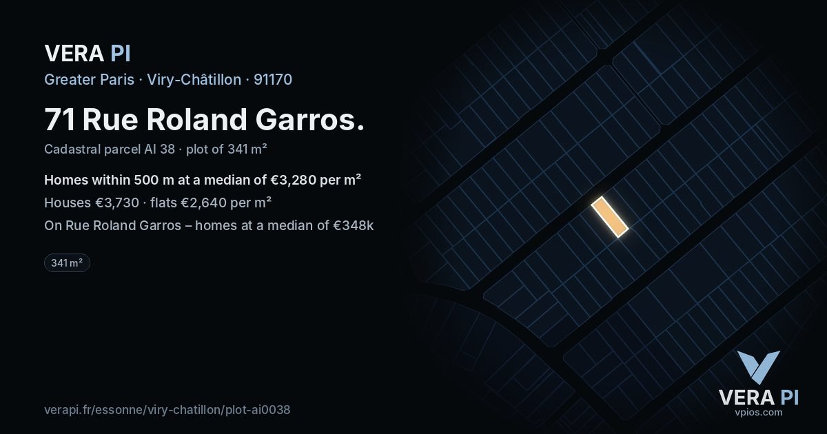 71 Rue Roland Garros, Viry-Châtillon at night – the plot lit, the parcels around coloured by the prices near them