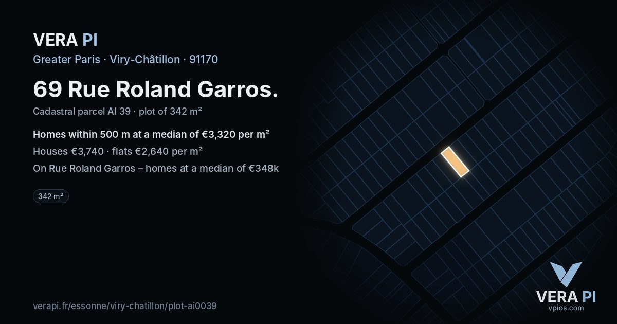 69 Rue Roland Garros, Viry-Châtillon at night – the plot lit, the parcels around coloured by the prices near them