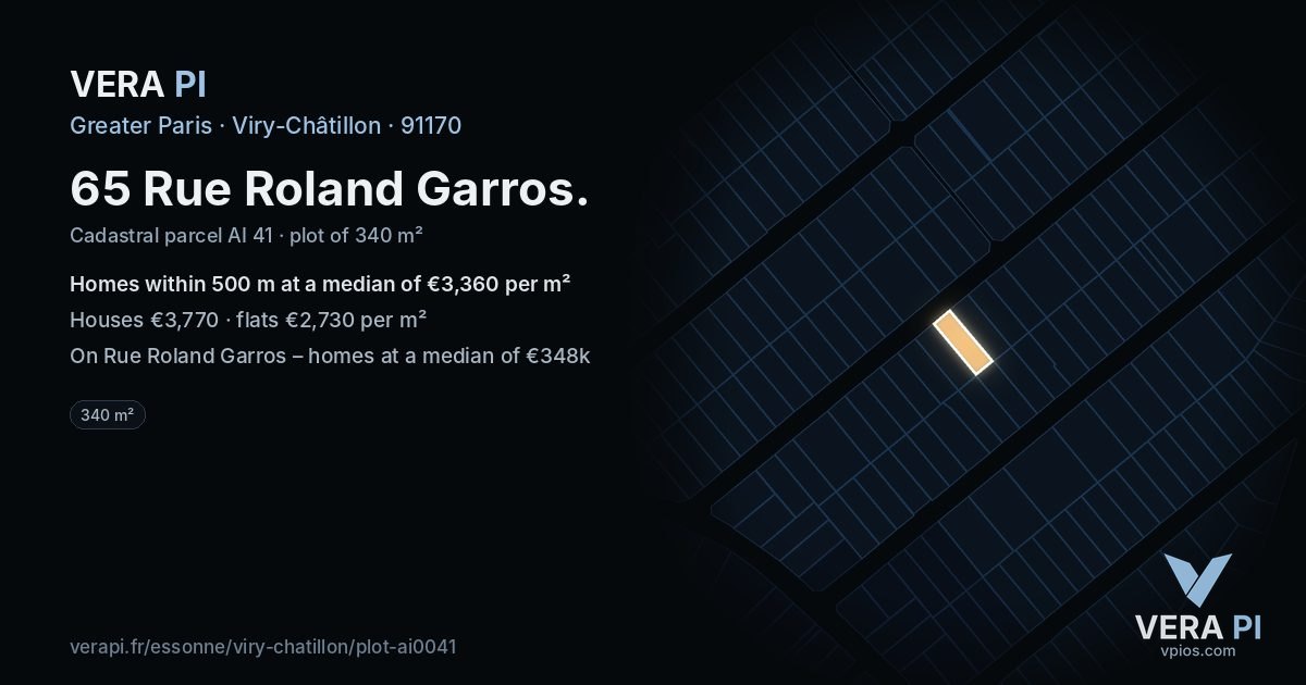 65 Rue Roland Garros, Viry-Châtillon at night – the plot lit, the parcels around coloured by the prices near them