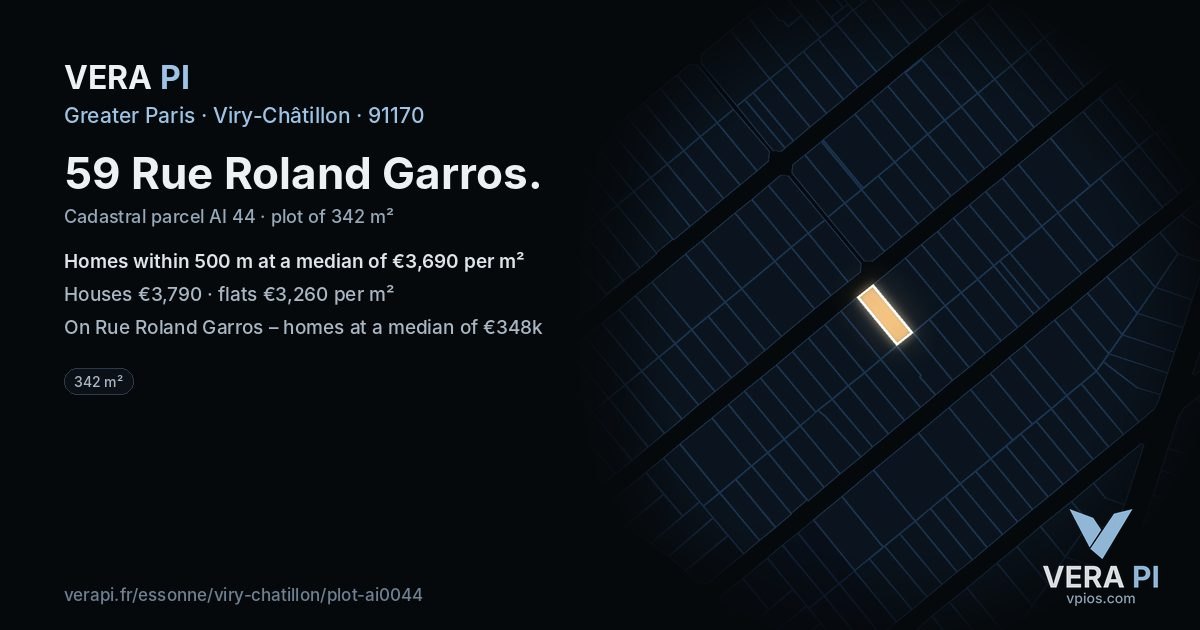 59 Rue Roland Garros, Viry-Châtillon at night – the plot lit, the parcels around coloured by the prices near them