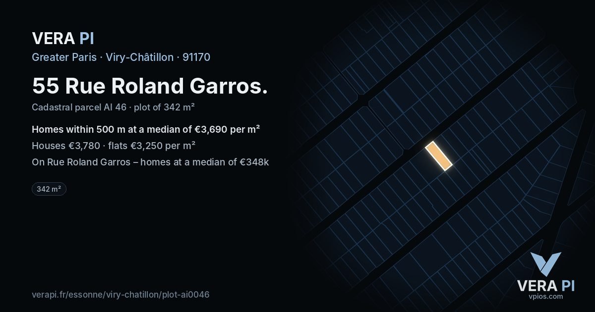 55 Rue Roland Garros, Viry-Châtillon at night – the plot lit, the parcels around coloured by the prices near them