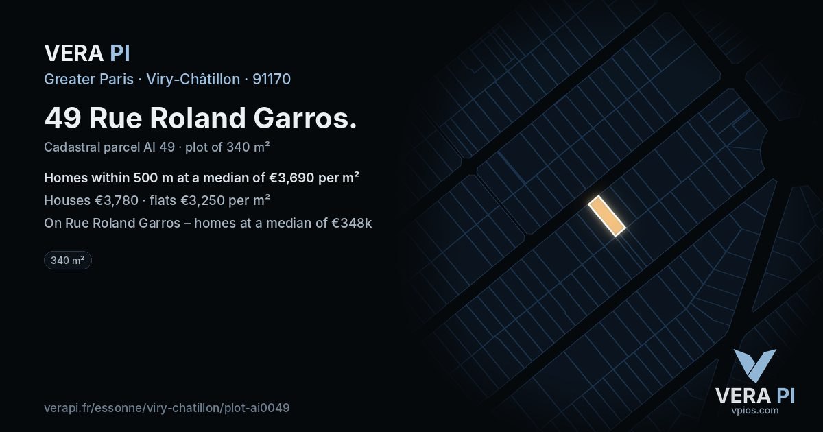 49 Rue Roland Garros, Viry-Châtillon at night – the plot lit, the parcels around coloured by the prices near them