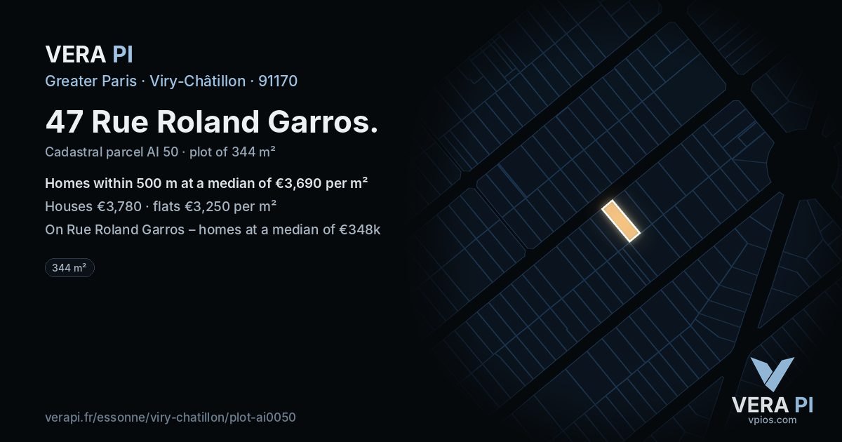 47 Rue Roland Garros, Viry-Châtillon at night – the plot lit, the parcels around coloured by the prices near them
