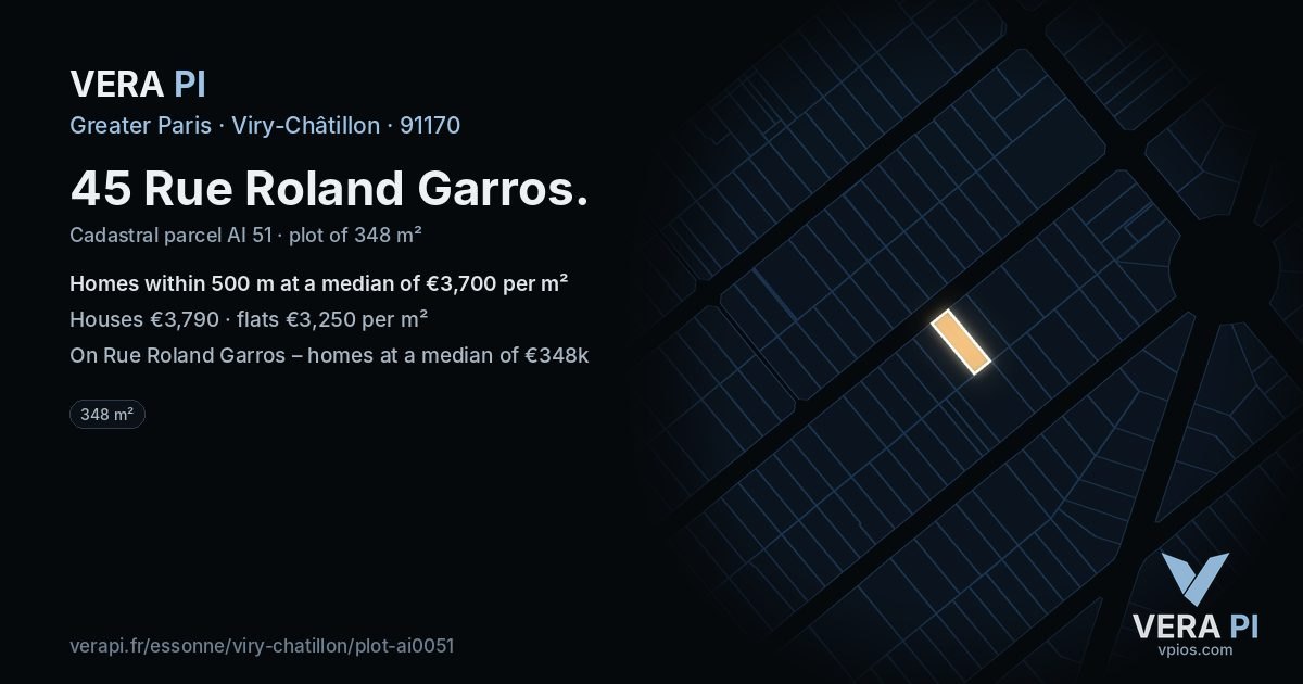 45 Rue Roland Garros, Viry-Châtillon at night – the plot lit, the parcels around coloured by the prices near them