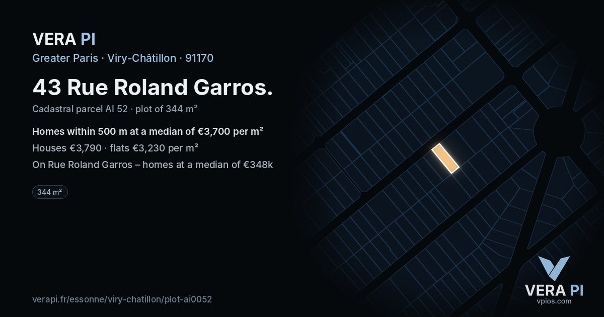 43 Rue Roland Garros, Viry-Châtillon at night – the plot lit, the parcels around coloured by the prices near them