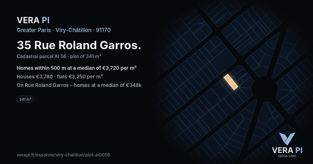 35 Rue Roland Garros, Viry-Châtillon at night – the plot lit, the parcels around coloured by the prices near them