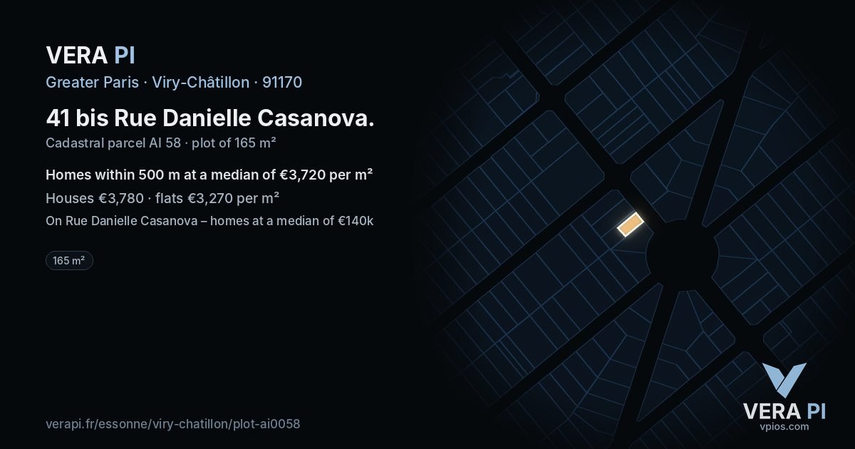 41 bis Rue Danielle Casanova, Viry-Châtillon at night – the plot lit, the parcels around coloured by the prices near them