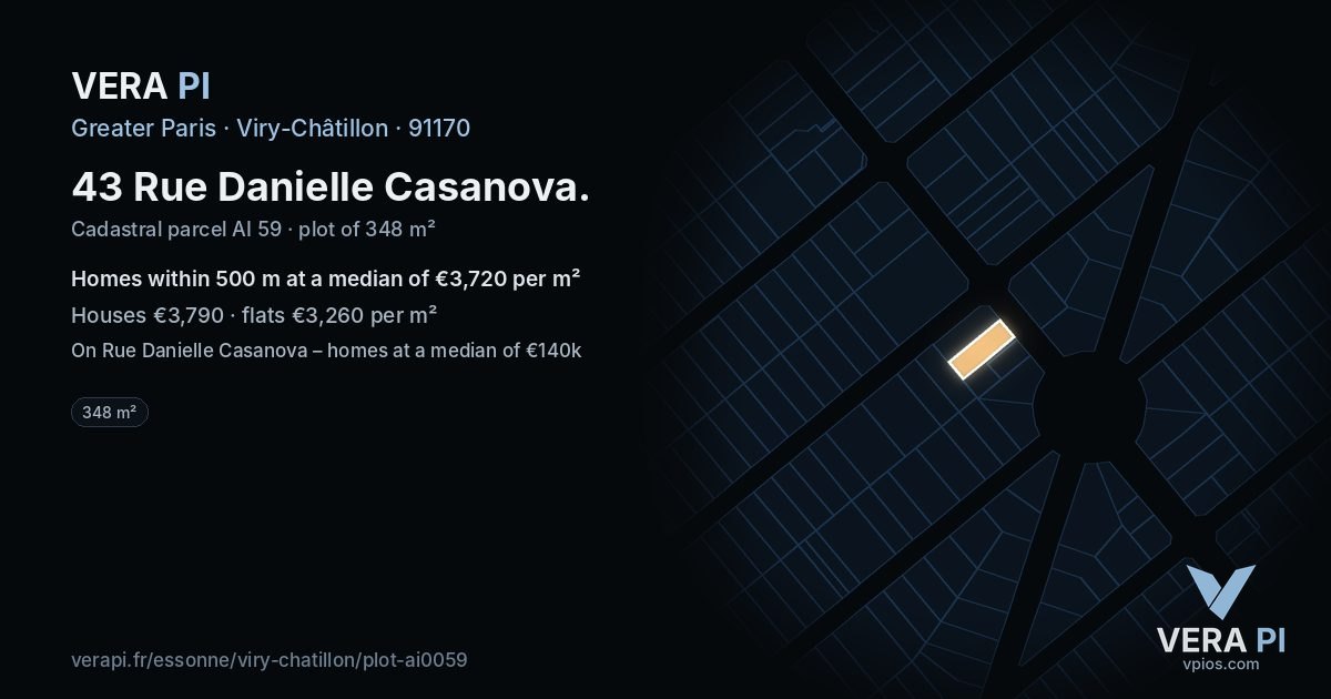 43 Rue Danielle Casanova, Viry-Châtillon at night – the plot lit, the parcels around coloured by the prices near them