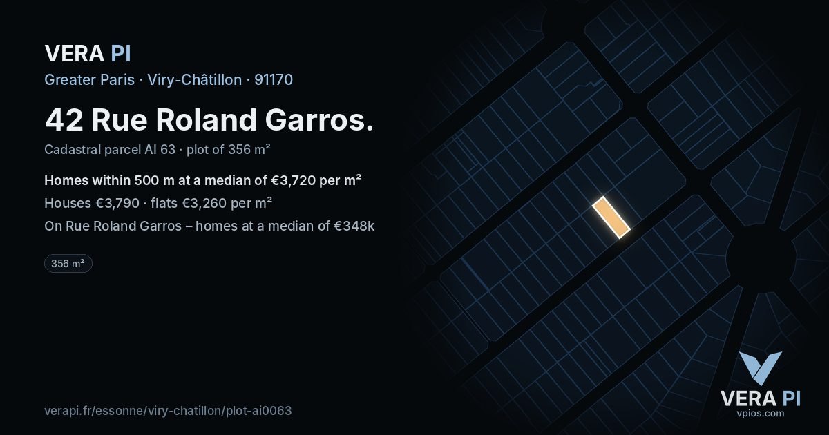 42 Rue Roland Garros, Viry-Châtillon at night – the plot lit, the parcels around coloured by the prices near them