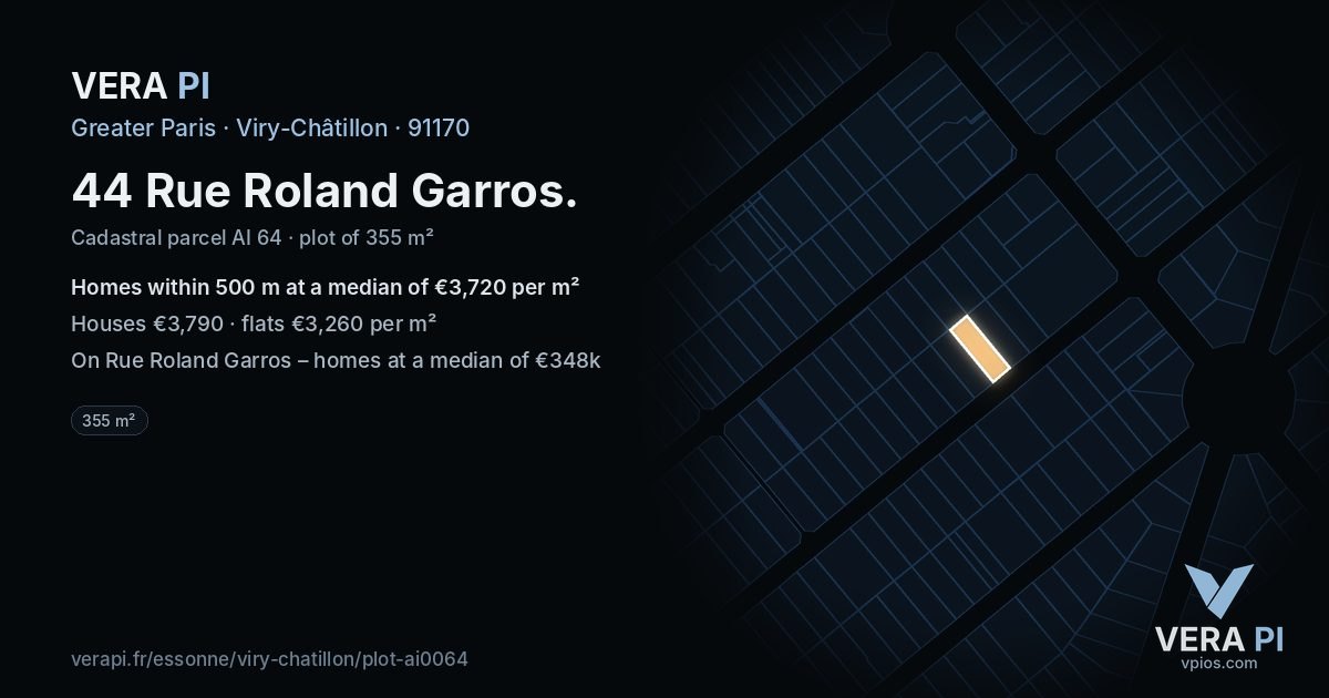 44 Rue Roland Garros, Viry-Châtillon at night – the plot lit, the parcels around coloured by the prices near them