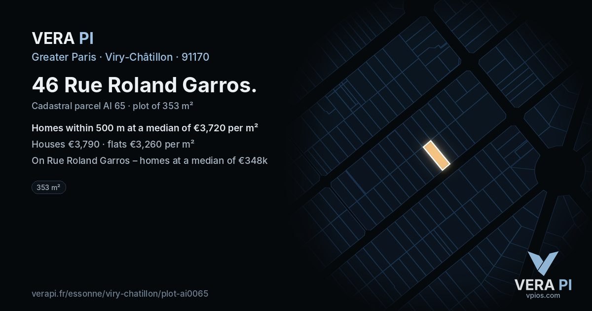 46 Rue Roland Garros, Viry-Châtillon at night – the plot lit, the parcels around coloured by the prices near them