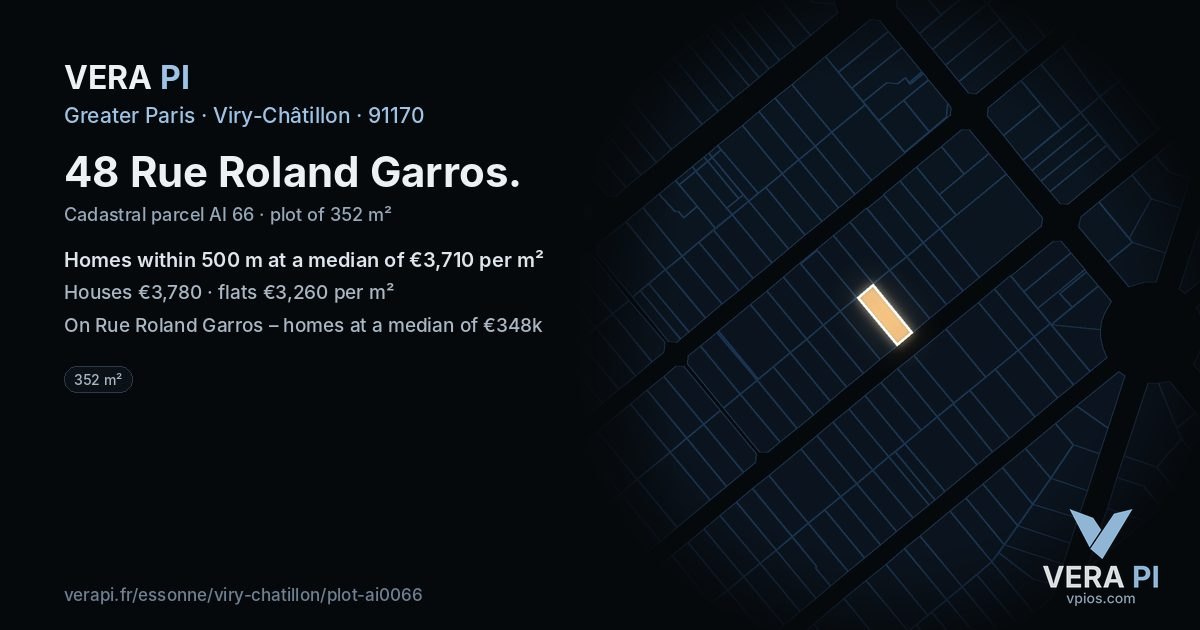 48 Rue Roland Garros, Viry-Châtillon at night – the plot lit, the parcels around coloured by the prices near them