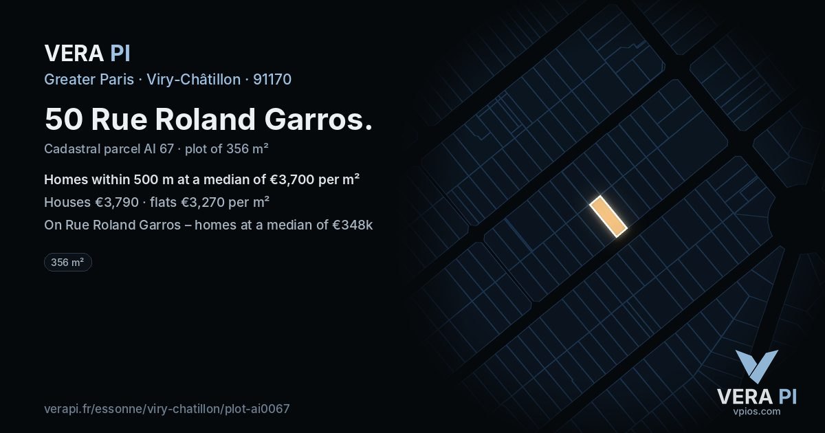 50 Rue Roland Garros, Viry-Châtillon at night – the plot lit, the parcels around coloured by the prices near them