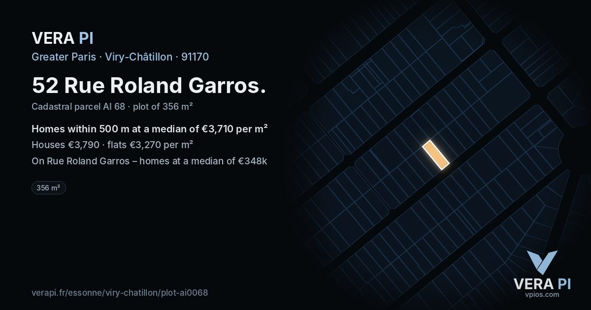 52 Rue Roland Garros, Viry-Châtillon at night – the plot lit, the parcels around coloured by the prices near them