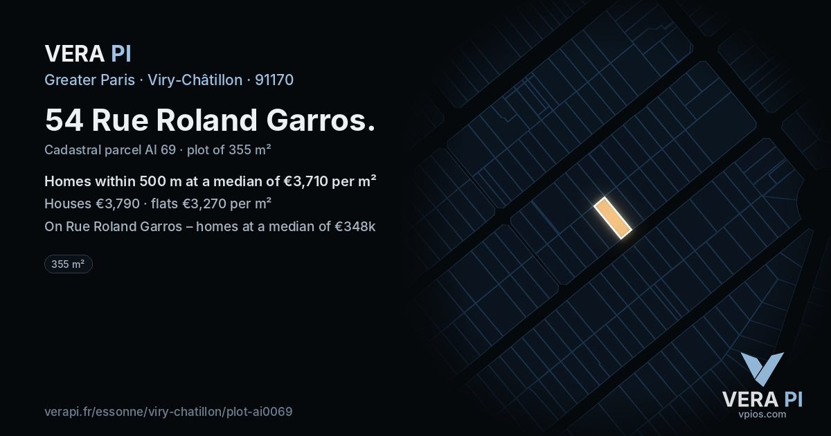 54 Rue Roland Garros, Viry-Châtillon at night – the plot lit, the parcels around coloured by the prices near them