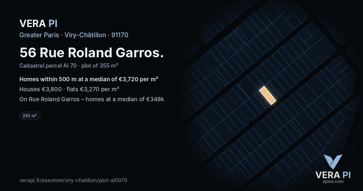 56 Rue Roland Garros, Viry-Châtillon at night – the plot lit, the parcels around coloured by the prices near them