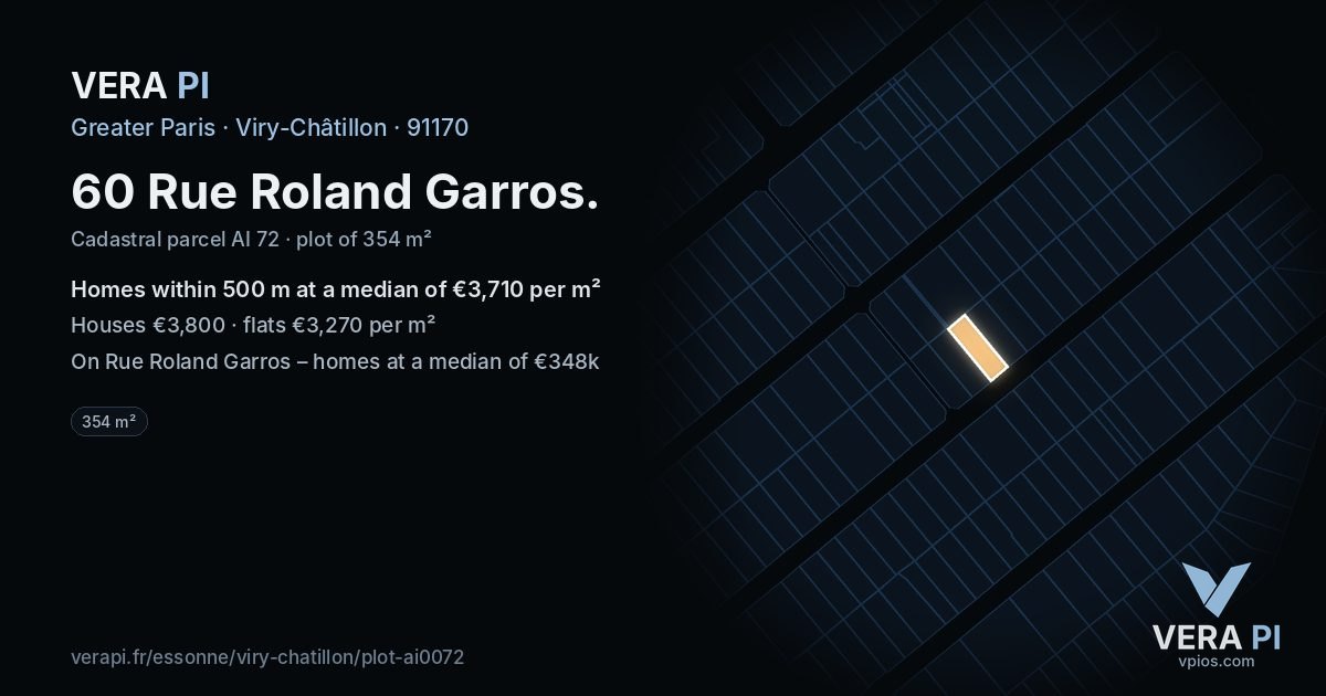 60 Rue Roland Garros, Viry-Châtillon at night – the plot lit, the parcels around coloured by the prices near them