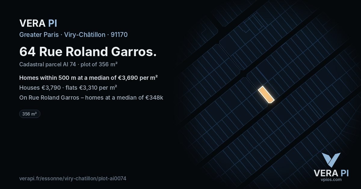 64 Rue Roland Garros, Viry-Châtillon at night – the plot lit, the parcels around coloured by the prices near them