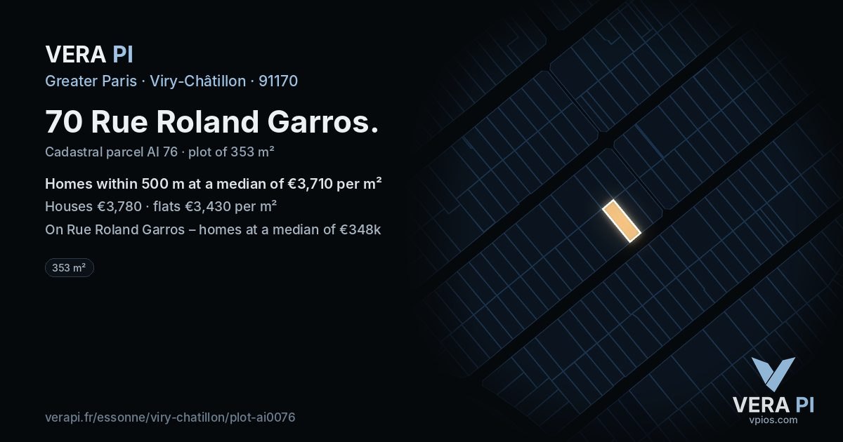 70 Rue Roland Garros, Viry-Châtillon at night – the plot lit, the parcels around coloured by the prices near them