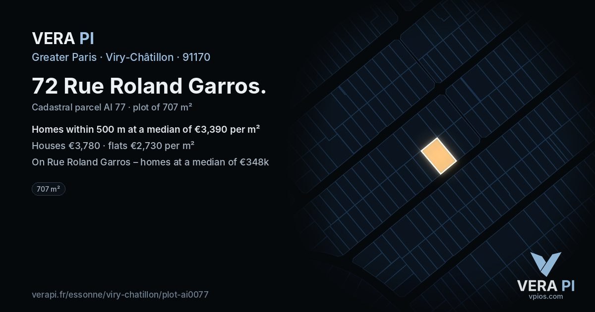 72 Rue Roland Garros, Viry-Châtillon at night – the plot lit, the parcels around coloured by the prices near them
