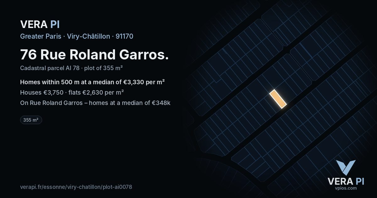 76 Rue Roland Garros, Viry-Châtillon at night – the plot lit, the parcels around coloured by the prices near them