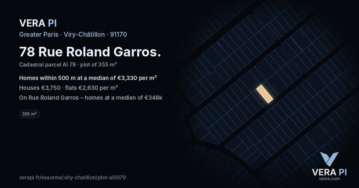 78 Rue Roland Garros, Viry-Châtillon at night – the plot lit, the parcels around coloured by the prices near them