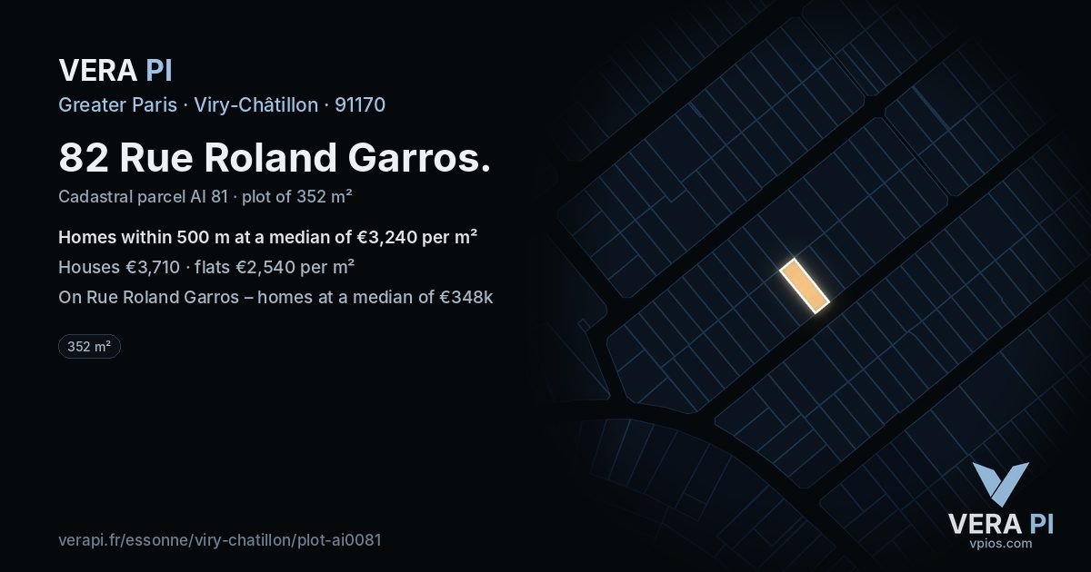 82 Rue Roland Garros, Viry-Châtillon at night – the plot lit, the parcels around coloured by the prices near them