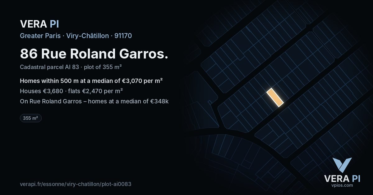 86 Rue Roland Garros, Viry-Châtillon at night – the plot lit, the parcels around coloured by the prices near them