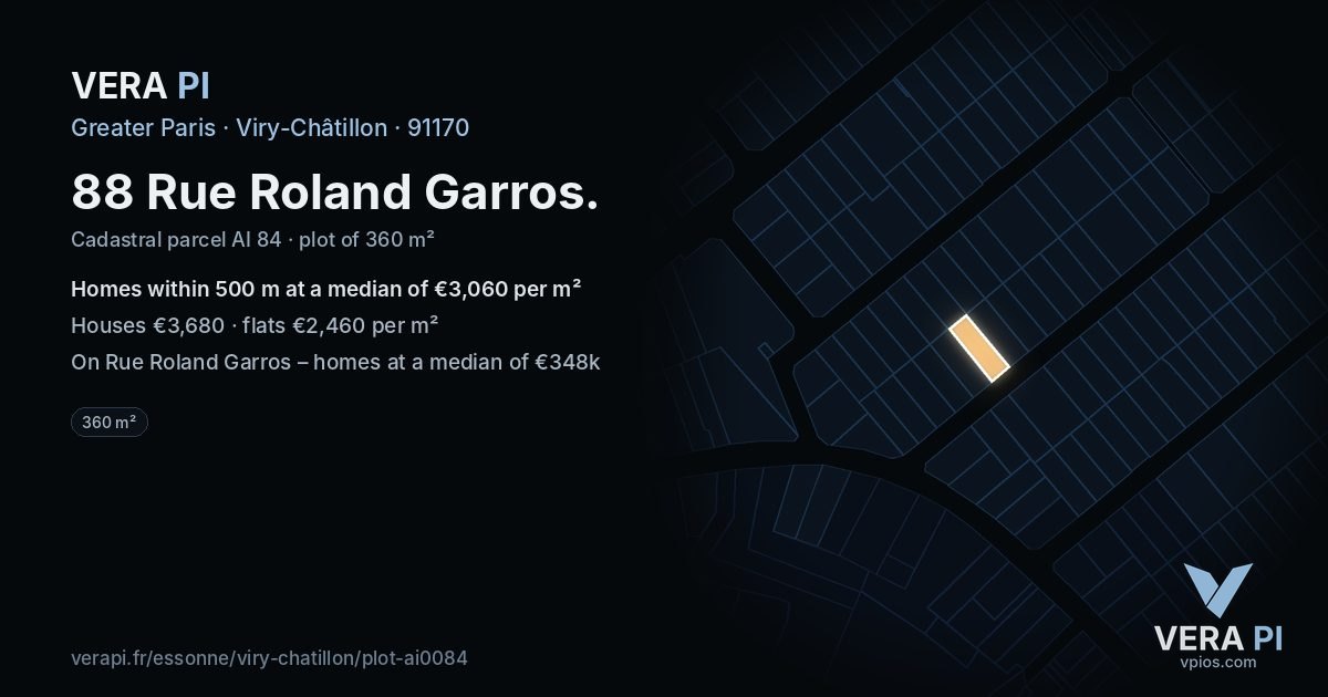 88 Rue Roland Garros, Viry-Châtillon at night – the plot lit, the parcels around coloured by the prices near them