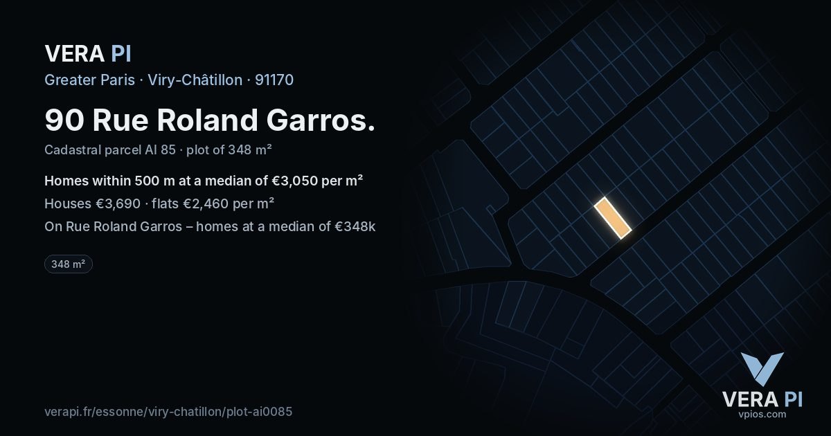 90 Rue Roland Garros, Viry-Châtillon at night – the plot lit, the parcels around coloured by the prices near them