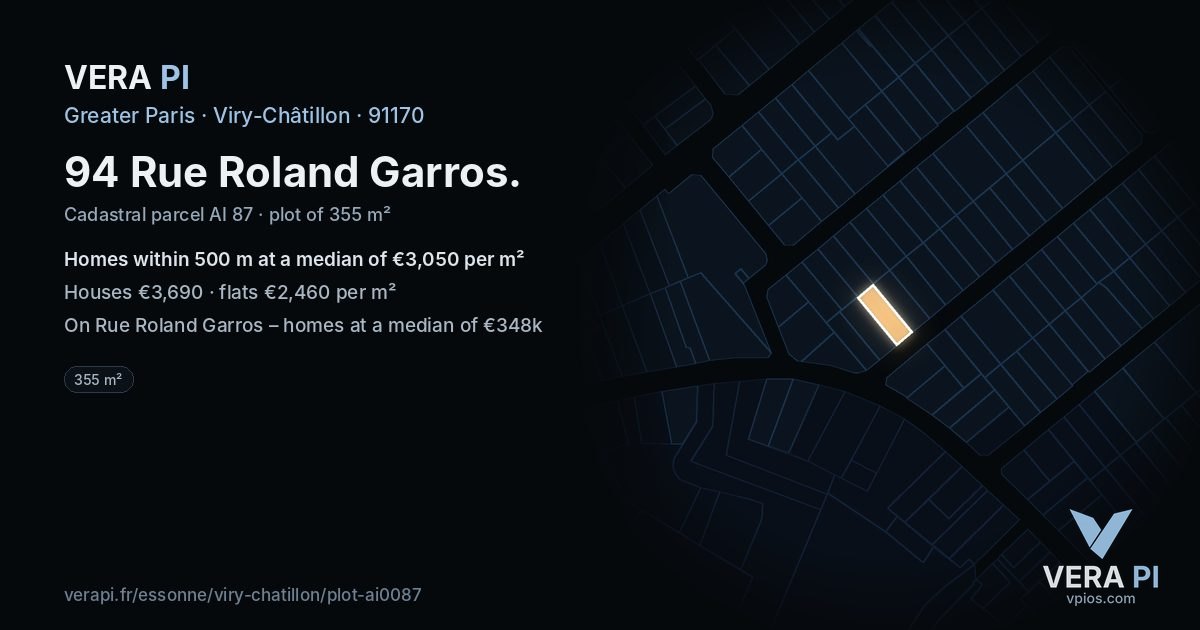 94 Rue Roland Garros, Viry-Châtillon at night – the plot lit, the parcels around coloured by the prices near them