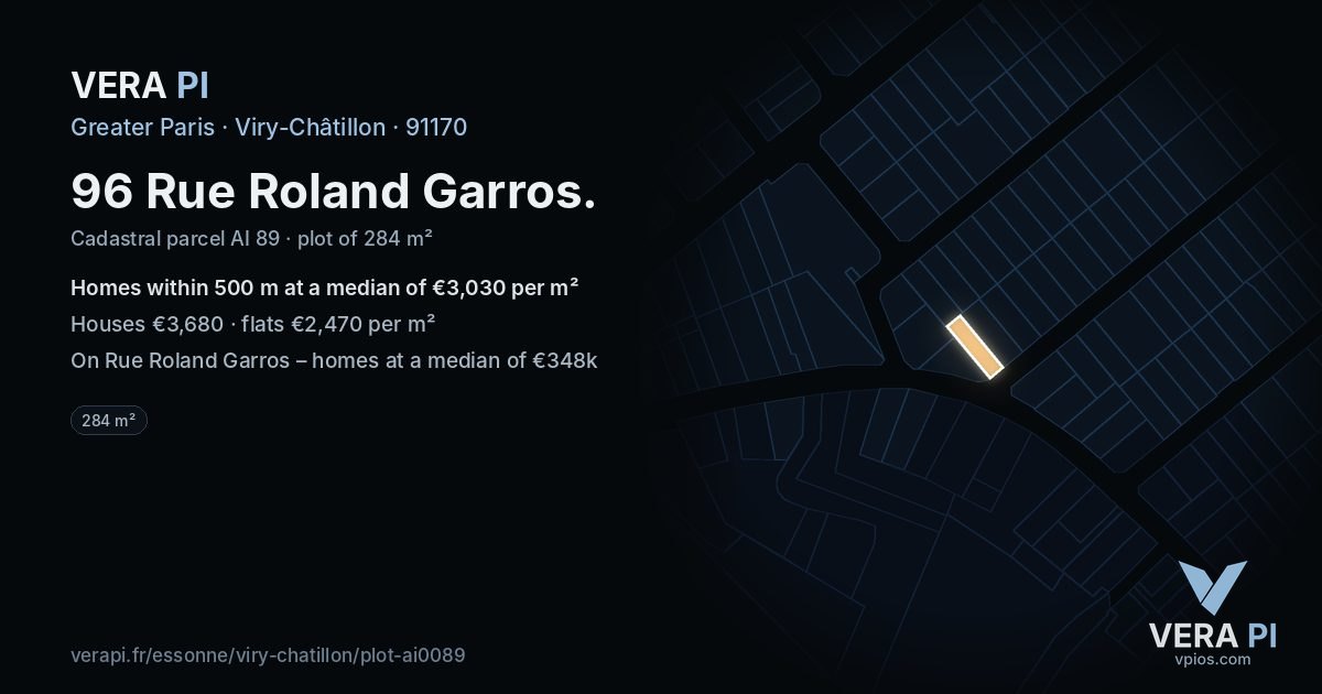 96 Rue Roland Garros, Viry-Châtillon at night – the plot lit, the parcels around coloured by the prices near them