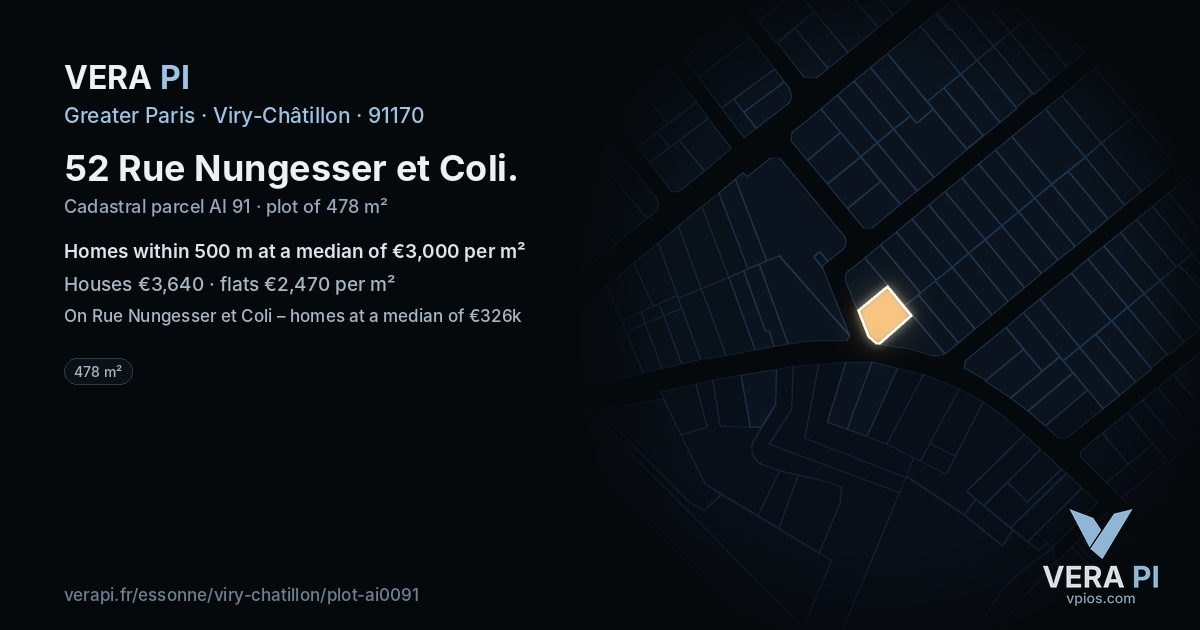 52 Rue Nungesser et Coli, Viry-Châtillon at night – the plot lit, the parcels around coloured by the prices near them