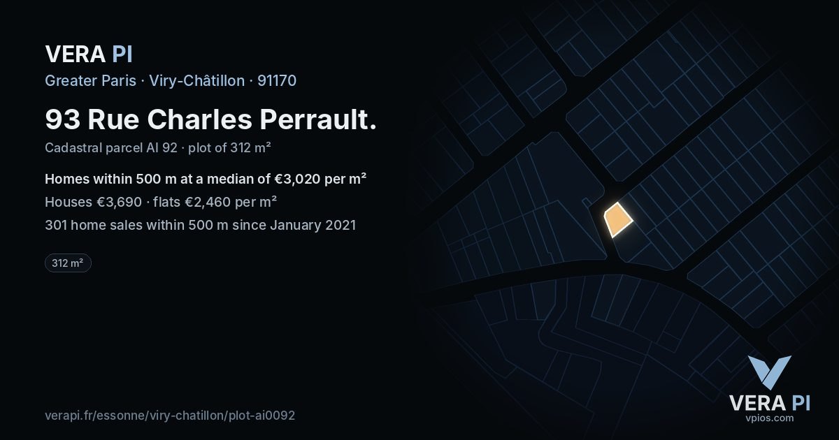 93 Rue Charles Perrault, Viry-Châtillon at night – the plot lit, the parcels around coloured by the prices near them