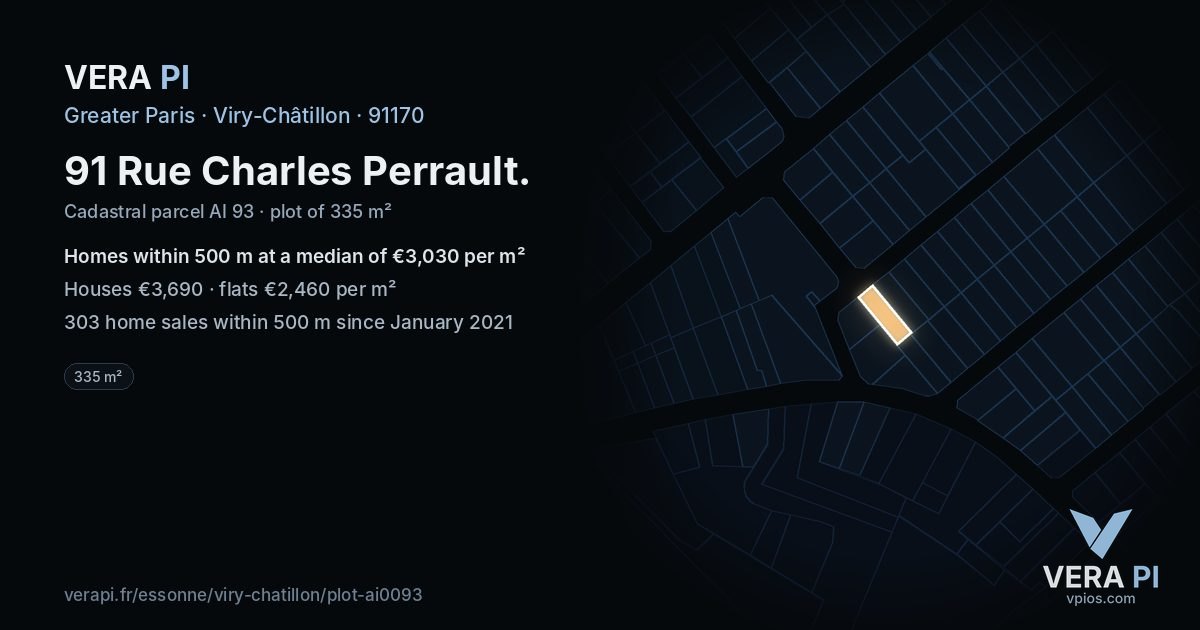 91 Rue Charles Perrault, Viry-Châtillon at night – the plot lit, the parcels around coloured by the prices near them