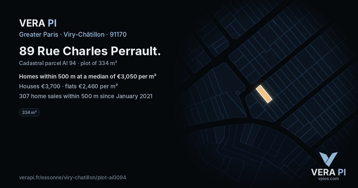 89 Rue Charles Perrault, Viry-Châtillon at night – the plot lit, the parcels around coloured by the prices near them