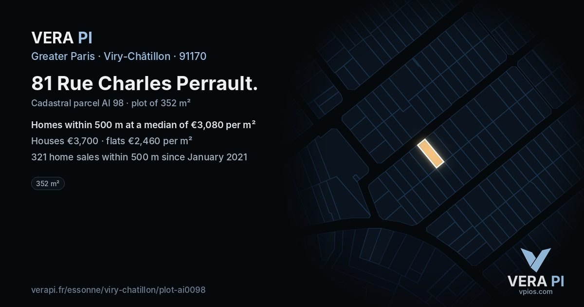 81 Rue Charles Perrault, Viry-Châtillon at night – the plot lit, the parcels around coloured by the prices near them