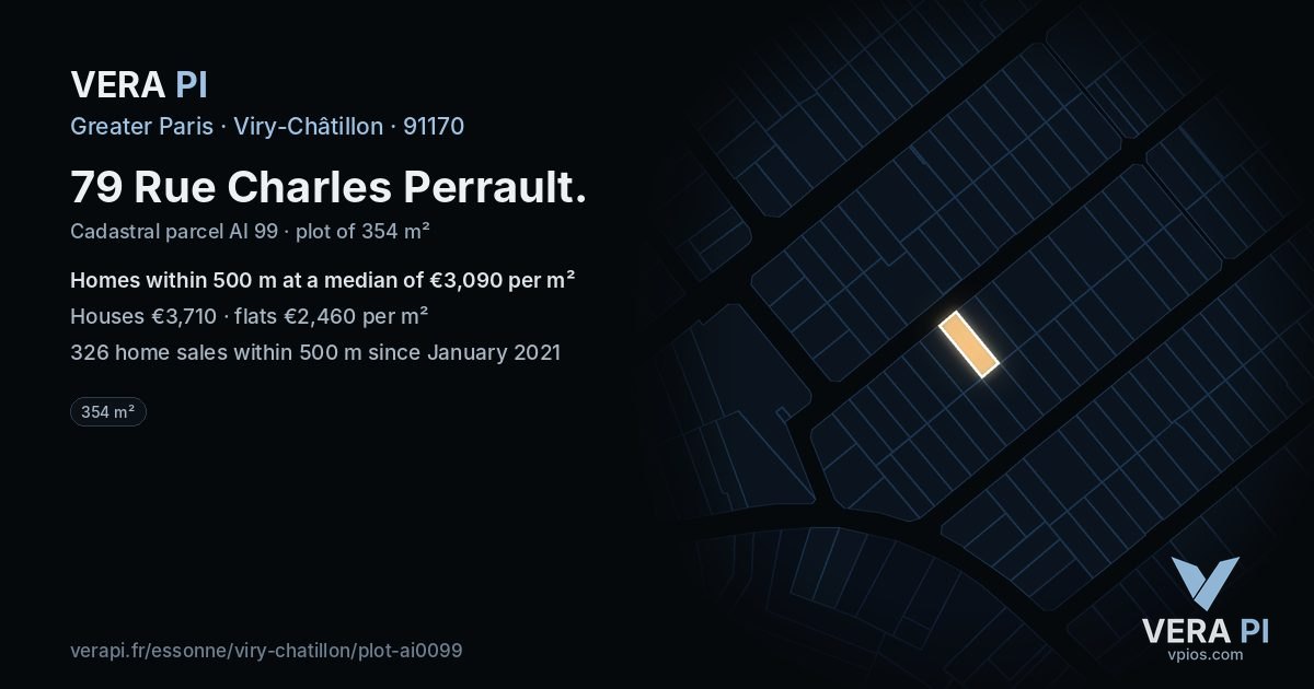 79 Rue Charles Perrault, Viry-Châtillon at night – the plot lit, the parcels around coloured by the prices near them