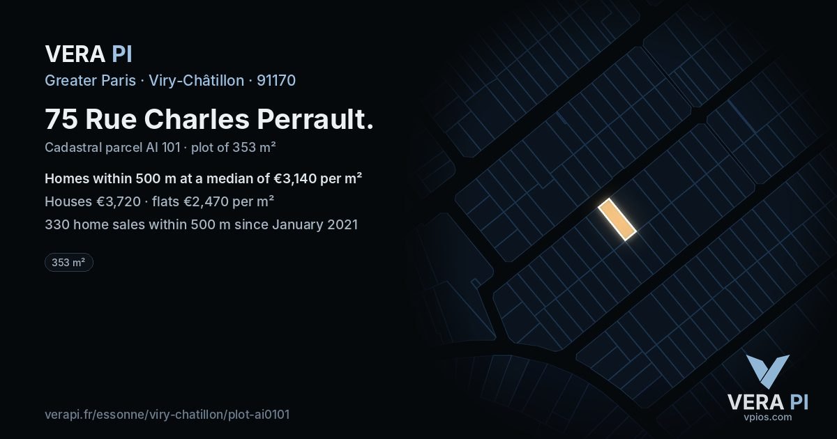 75 Rue Charles Perrault, Viry-Châtillon at night – the plot lit, the parcels around coloured by the prices near them