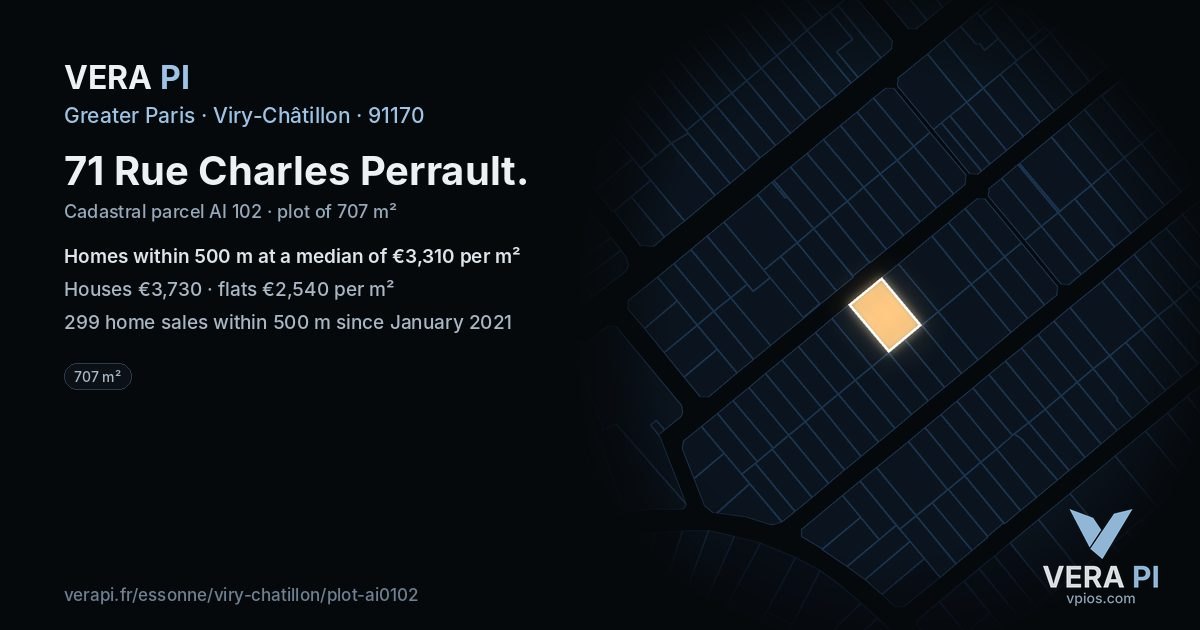 71 Rue Charles Perrault, Viry-Châtillon at night – the plot lit, the parcels around coloured by the prices near them