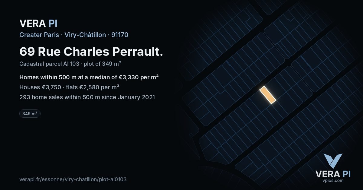 69 Rue Charles Perrault, Viry-Châtillon at night – the plot lit, the parcels around coloured by the prices near them