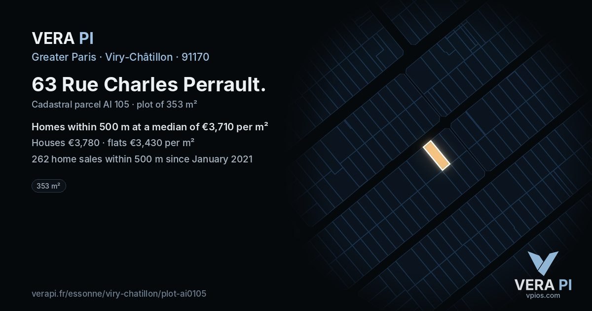 63 Rue Charles Perrault, Viry-Châtillon at night – the plot lit, the parcels around coloured by the prices near them