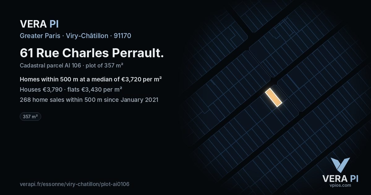 61 Rue Charles Perrault, Viry-Châtillon at night – the plot lit, the parcels around coloured by the prices near them