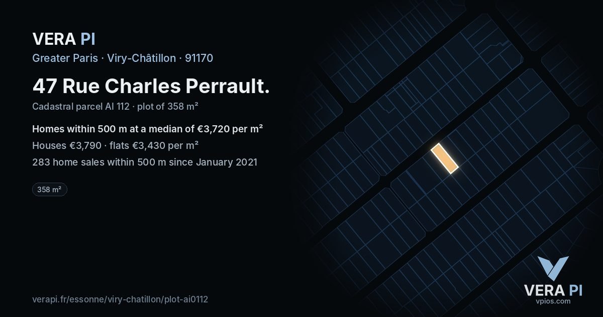 47 Rue Charles Perrault, Viry-Châtillon at night – the plot lit, the parcels around coloured by the prices near them