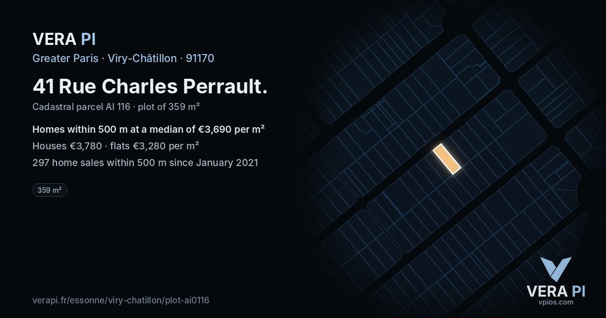 41 Rue Charles Perrault, Viry-Châtillon at night – the plot lit, the parcels around coloured by the prices near them