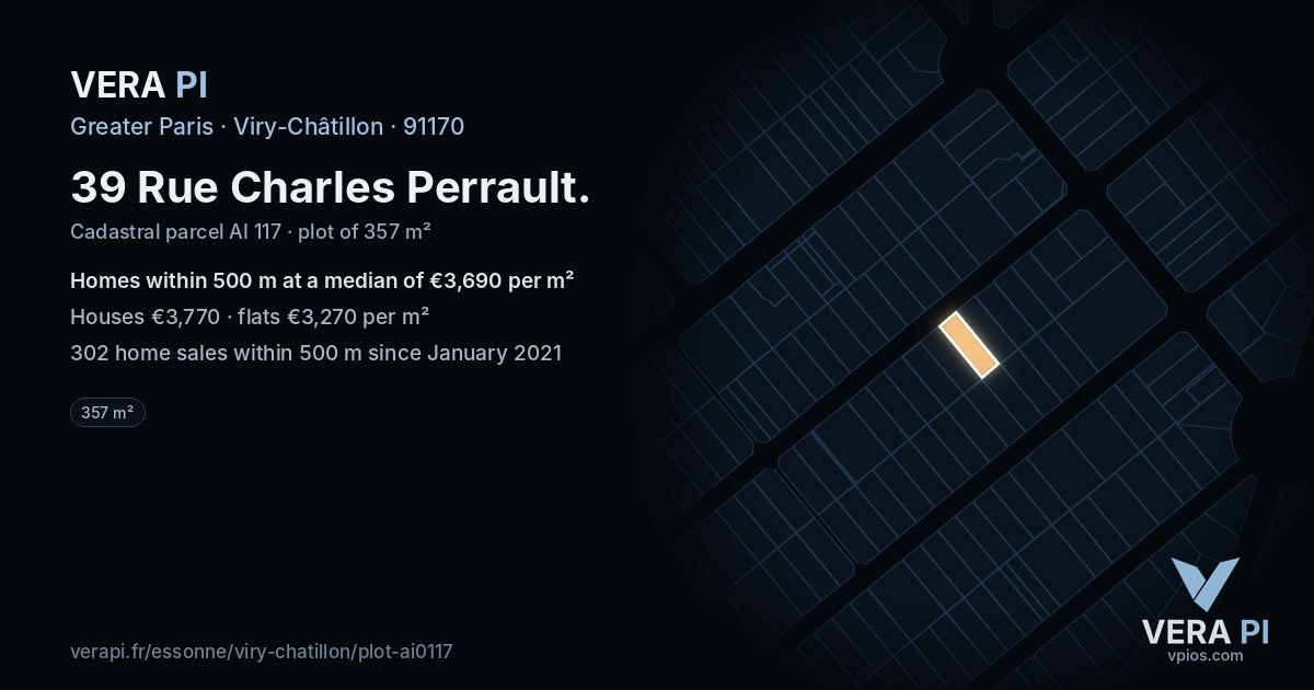 39 Rue Charles Perrault, Viry-Châtillon at night – the plot lit, the parcels around coloured by the prices near them