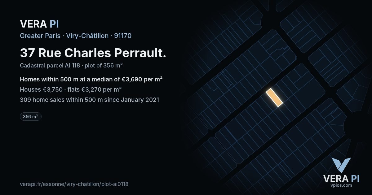 37 Rue Charles Perrault, Viry-Châtillon at night – the plot lit, the parcels around coloured by the prices near them