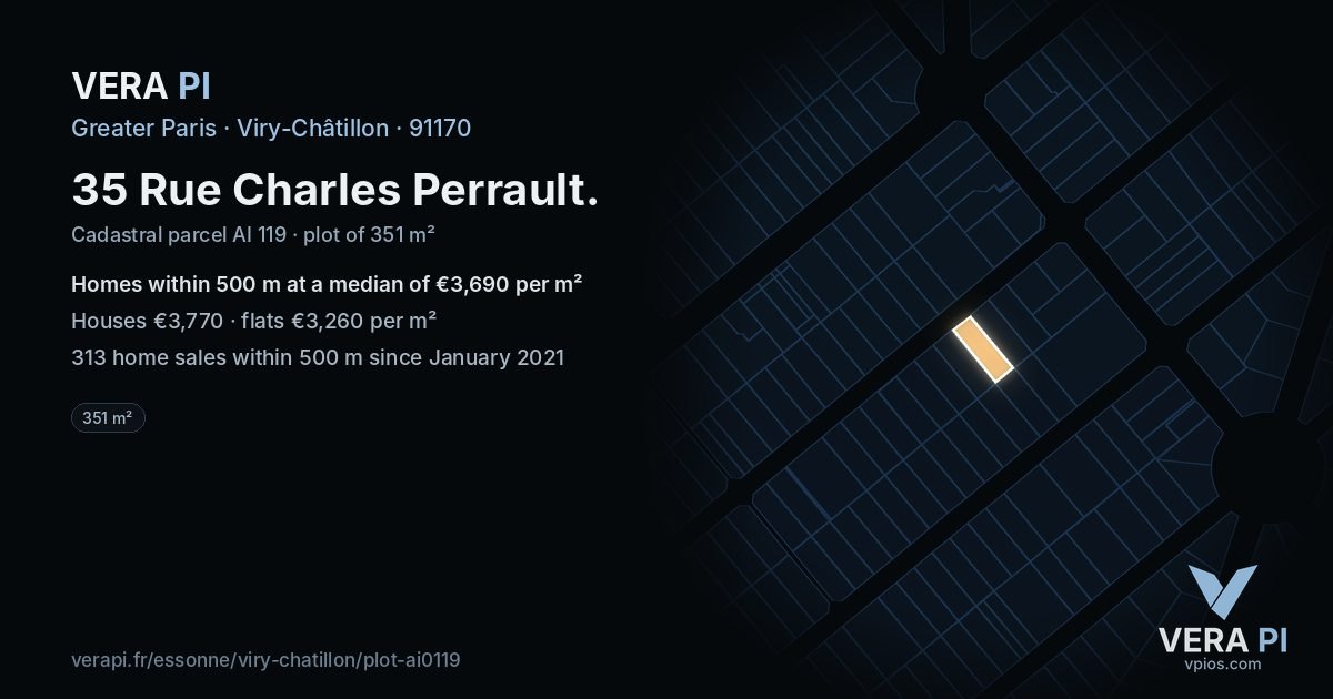 35 Rue Charles Perrault, Viry-Châtillon at night – the plot lit, the parcels around coloured by the prices near them